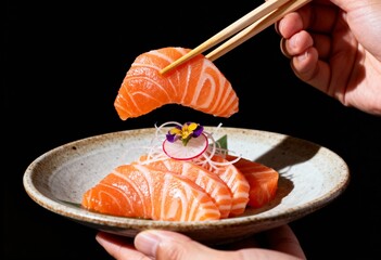 Fresh salmon sashimi held in hand as chopsticks lift a slice, dramatic lighting and deep shadows highlighting the rich texture and color.