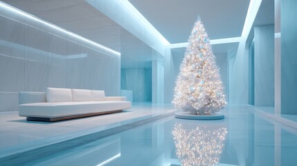 Modern Christmas tree in futuristic, clean smart home interior.