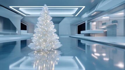 Futuristic Christmas tree glows in minimalist smart home interior.