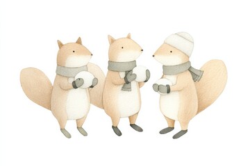 Adorable squirrels having a snowball fight in watercolor.