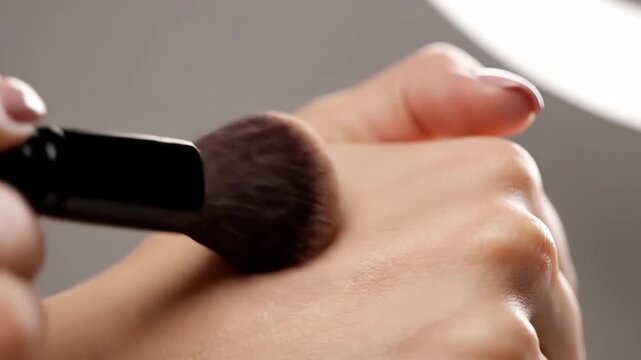 Close-up of a Beauty Artist Testing a Makeup Brush on the Back of the Hand for Softness and Texture Check - Beauty Concept Studio Shot 150 Character
