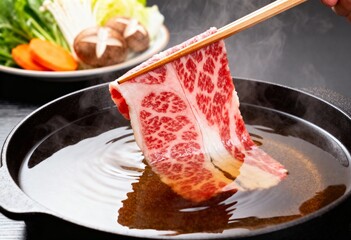 Thin wagyu slices dipped into simmering shabu-shabu broth, steam rising and rich marbling highlighted in warm, cinematic lighting