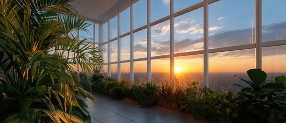 Modern rooftop greenhouse interior glows under golden sunset light.