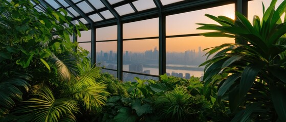 Serene rooftop greenhouse with sunset glow and city view.
