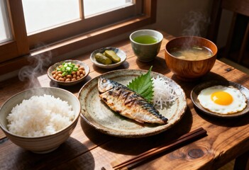 Traditional Japanese breakfast with grilled mackerel, rice, miso soup, natto and sides captured in warm natural light with rustic textures