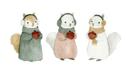 Cute watercolor squirrels illustration wearing winter accessories.