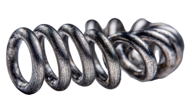 Close-up view of a metallic coil showcasing intricate details. or transparent background