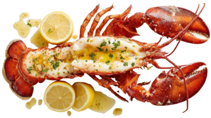 Delicious lobster with lemon, garnished with herbs and spices. or transparent background