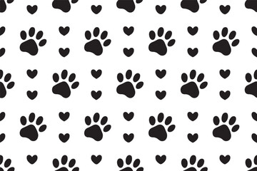 Black Paw Prints and Tiny Hearts Seamless Pattern on White Background for Pet Lovers