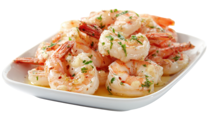 Delicious plate of grilled shrimp garnished with parsley. or transparent background