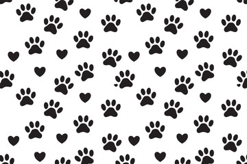Black Paw Prints and Tiny Hearts Seamless Pattern on White Background for Pet Lovers