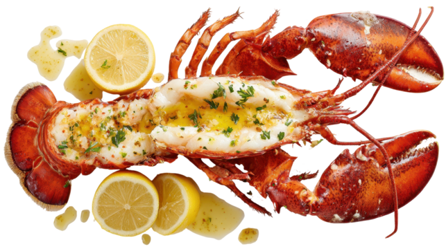 Delicious lobster with lemon, garnished with herbs and spices. or transparent background