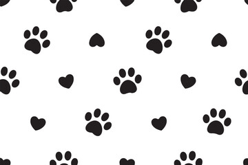 Cute Paw Prints with Hearts Seamless Pattern in Black and White Pet Lover Design