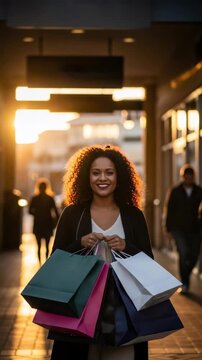 Young adult african american woman walking with many shopping bags down urban walkway at sunset. Holiday mega sale concept. Vertical video