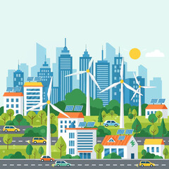 Obraz premium A vibrant illustration of a sustainable city with wind turbines, solar panels, and green spaces.