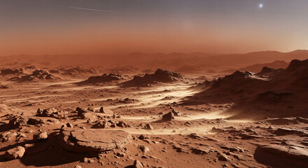 Panoramic, realistic image of the rocky, dusty surface of Mars, showcasing a barren, arid landscape under a faint, hazy atmosphere.