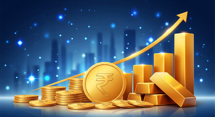 Golden Indian Rupee Coins and Gold Bars with Upward Trend Arrow on Blue Background