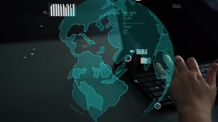 A sleek digital globe visualizes data analysis in a modern workspace, showcasing hands on a keyboard amid graphical representations and business insights. Xenic - Powered by Adobe