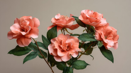 Obraz premium A beautiful arrangement of coral colored roses with lush green leaves creates a stunning floral display against a soft beige background in a still life composition.