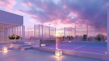 Obraz premium Colorful sunset over modern rooftop tennis courts with city skyline in background