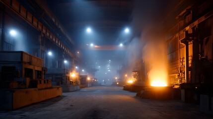 Dramatic industrial foundry scene with glowing molten metal steam and lighting