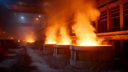 Industrial metalworks factory with glowing molten material rising as smoke from large furnaces creating a scene of intense heat and orange light