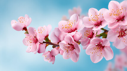Naklejka premium Delicate pink cherry blossoms bloom on a branch against a soft blue sky, creating a serene and beautiful sp scene with gentle sunlight highlighting petals.