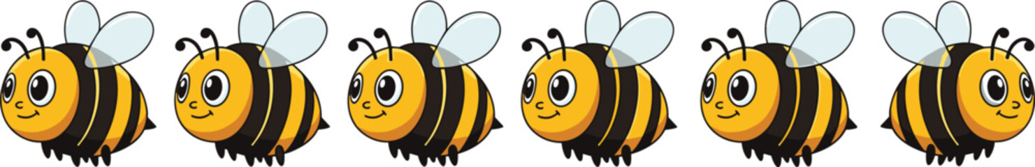 Cartoon bees vector, smiling insect characters, symmetrical layout, yellow and black design, children’s illustration, cute bug icon, playful graphic