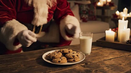Santa Claus placing milk and cookies on a wooden table, then sitting down in a festive Christmas setting - Powered by Adobe
