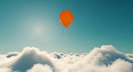 Bright orange balloon ascending above fluffy white clouds in a blue sky