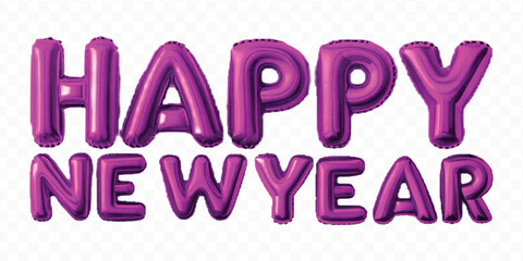 abstract 3d Happy New Year text effect made by different color foil balloons isolated on transparent background