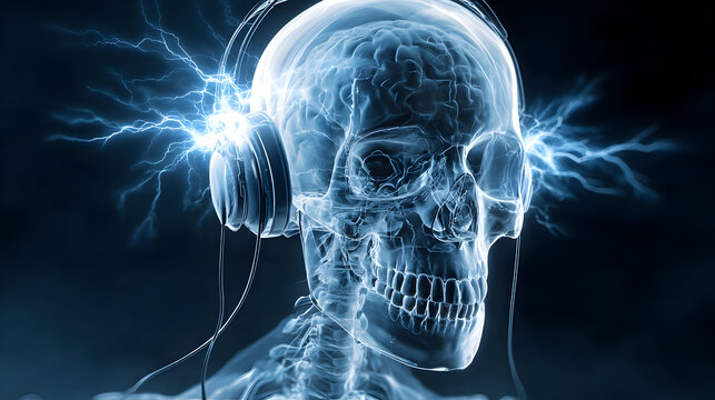 Futuristic x-ray concept of human skull with headphones and electric energy