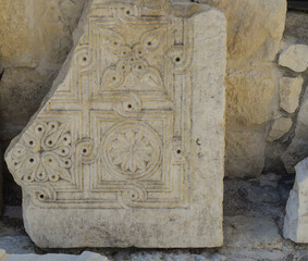 Marble slabs with relief images in the Church of St. Nicholas, a Christian shrine. Demre, Antalya Province, Turkey