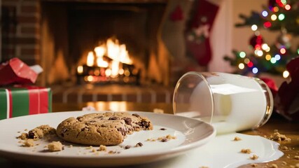 Plate of partly eaten chocolate chip cookies and spilled milk for Santa Claus with burning fireplace and Christmas tree. Festive holiday treat. - Powered by Adobe