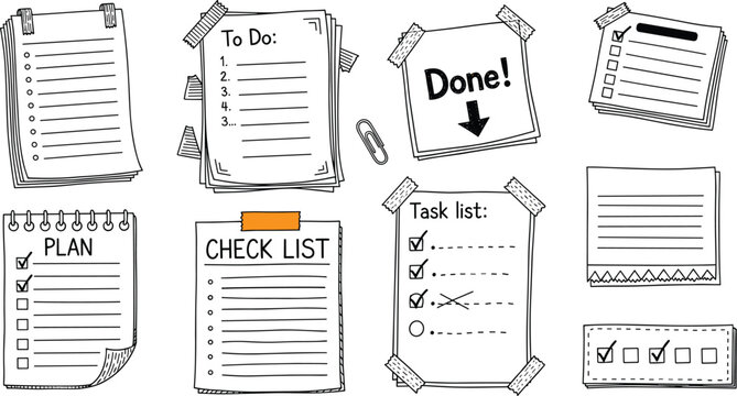 Collection of various sticky notes and to-do lists with checkboxes and reminders to organize tasks and enhance productivity