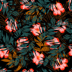 Seamless tropical pattern with red hibiscus flowers and palm leaves on a dark background. Exotic summer floral design perfect for fabric, fashion prints, wallpapers and beachwear.