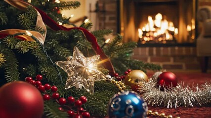 Christmas tree decorations include broken ornament pieces on the floor beside a fireplace, then show a close up of the ornaments.