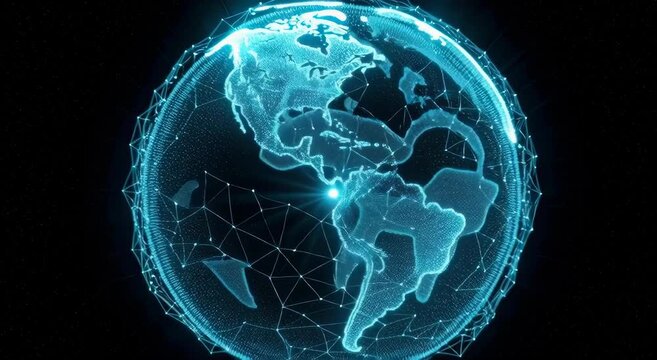 Glowing blue digital Earth globe showing North and South America with connecting futuristic plexus network representing global technology communication and big data visualization - Powered by Adobe
