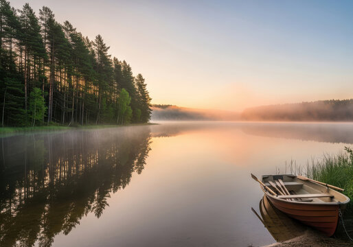 Tranquil sunrise over misty lake with lone rowboat