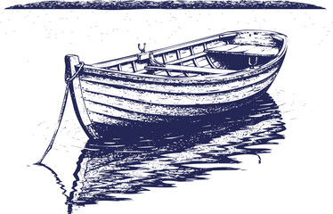 Nautical hand-drawn rowboat anchored on tranquil water graphic