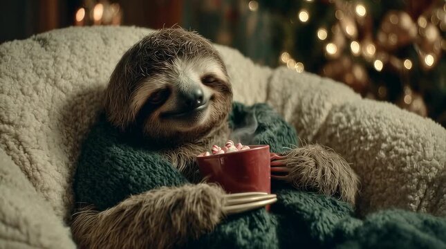 Cute sloth cuddling a hot chocolate mug &ndash; cozy winter video
