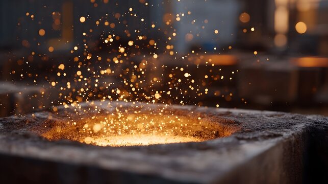 Intense molten metal glows with bright sparks erupting from an industrial crucible - Powered by Adobe