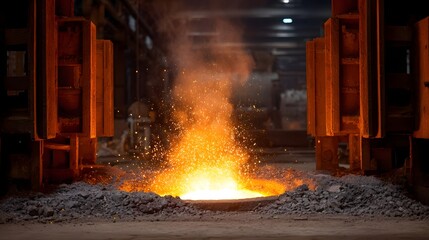 Molten metal explodes with vibrant orange sparks in a dark industrial foundry showcasing intense heat and industrial processes