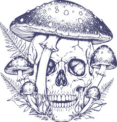 Mystical skull illustration with mushrooms and ferns growing