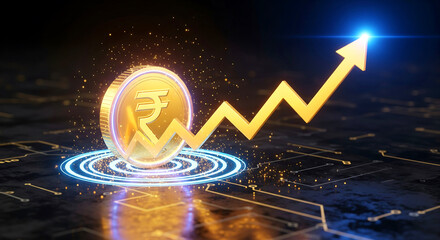 Golden Indian Rupee coin with upward trending graph signifies financial growth and investment success in a modern digital economy