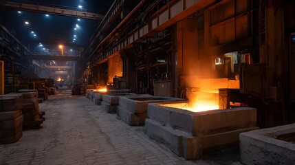 Industrial foundry interior with glowing molten metal in molds under bright lights