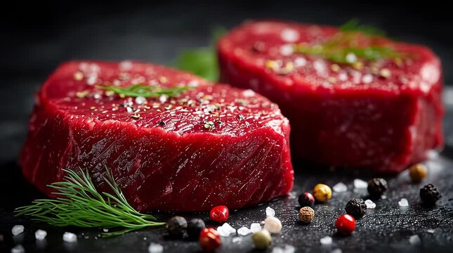 Raw beef steaks close-up with seasoning &ndash; fresh red meat food
