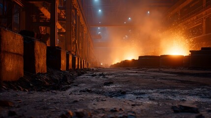 Industrial foundry scene with glowing molten metal intense sparks and atmospheric smoke