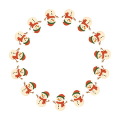 Fototapeta premium Simple Frame with snowman pattern forming cheerful winter circle, happy snowman figures repeating around white background, Simple Frame perfect for Christmas and holiday projects.