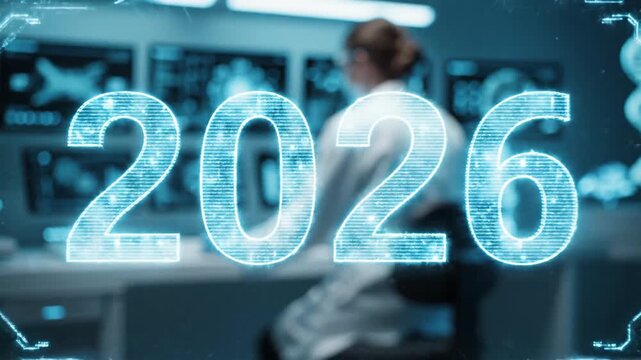 woman scientist lab hologram 2026, researcher at workstation surrounded by monitors and floating dna strands, immersive blue interface, analytical screens displaying genome maps, concentrated.